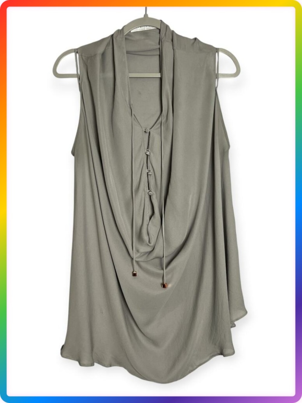Hunter Bell Drapey Cowl Neck Button Blouse M Gray Sleeveless Drawstring FLAWS